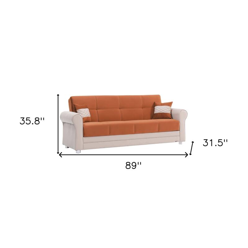 HomeRoots 89" Orange Polyester Convertible Futon Sleeper Sofa And Toss Pillows With Storage