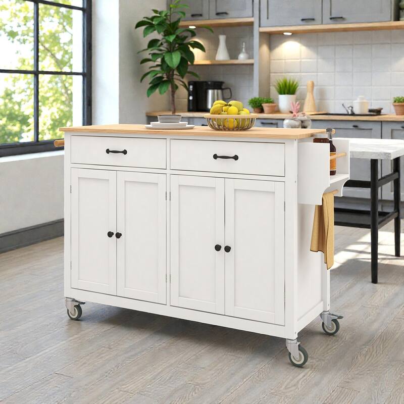 54.3" Kitchen Island Cart with Solid Wood Top, 4 Door Cabinet, Drawers, Spice Rack, Wheels - White