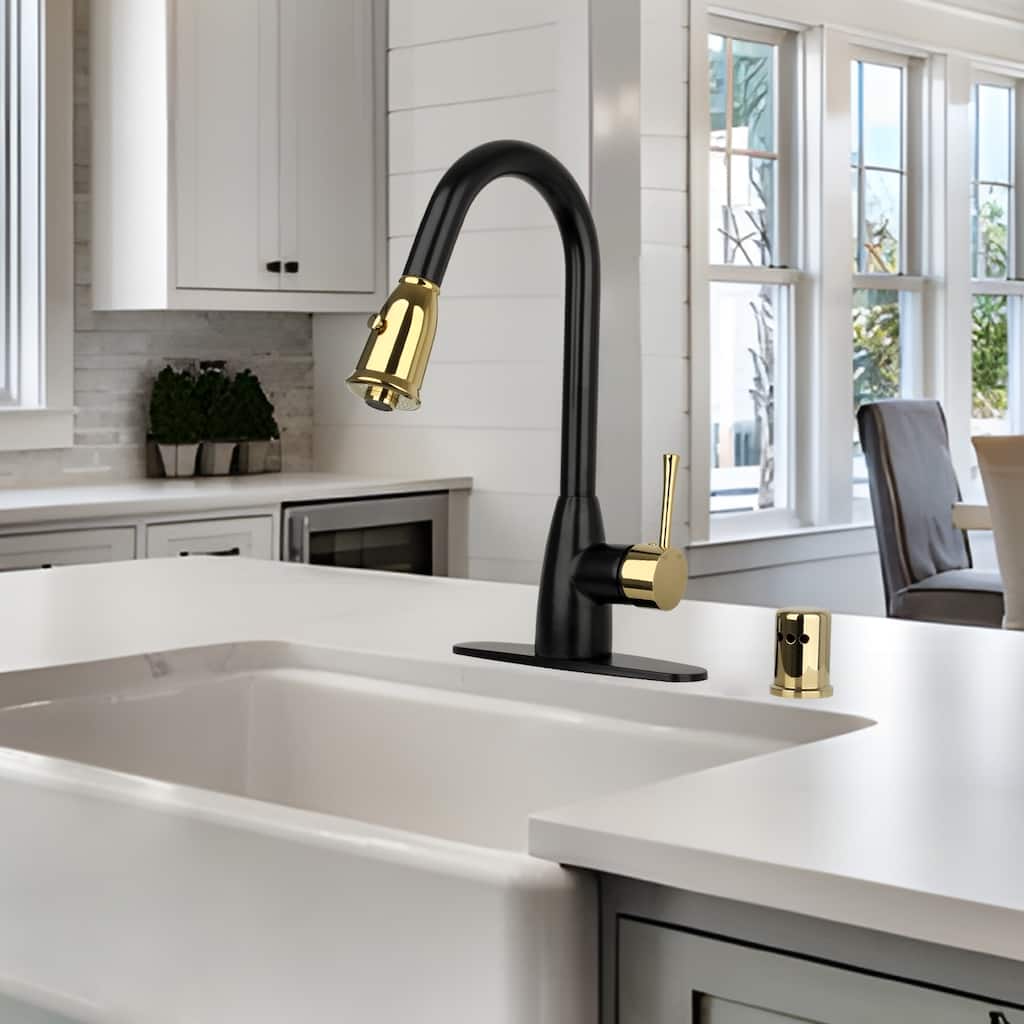 One-Handle Matte Black and Rose Gold Pull Down Kitchen Faucet with Deck Plate - 5 Years Warranty - 16x8.2