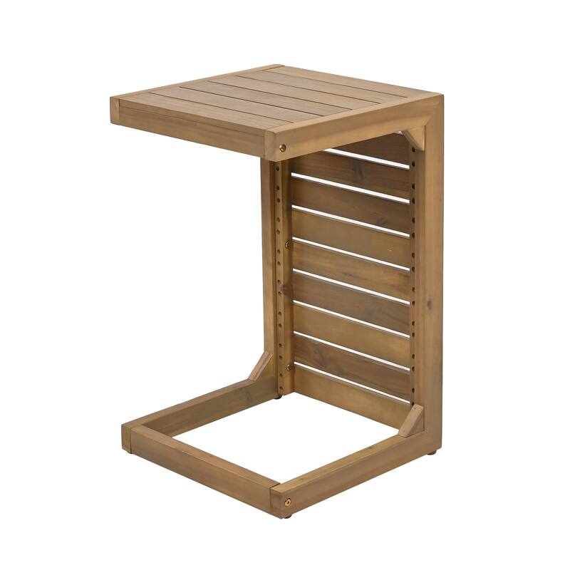 Anmytek Solid Acacia Wood C Shaped Side Table with Slatted Top Natural Finish Indoor Outdoor End Table for Sofa Patio Balcony