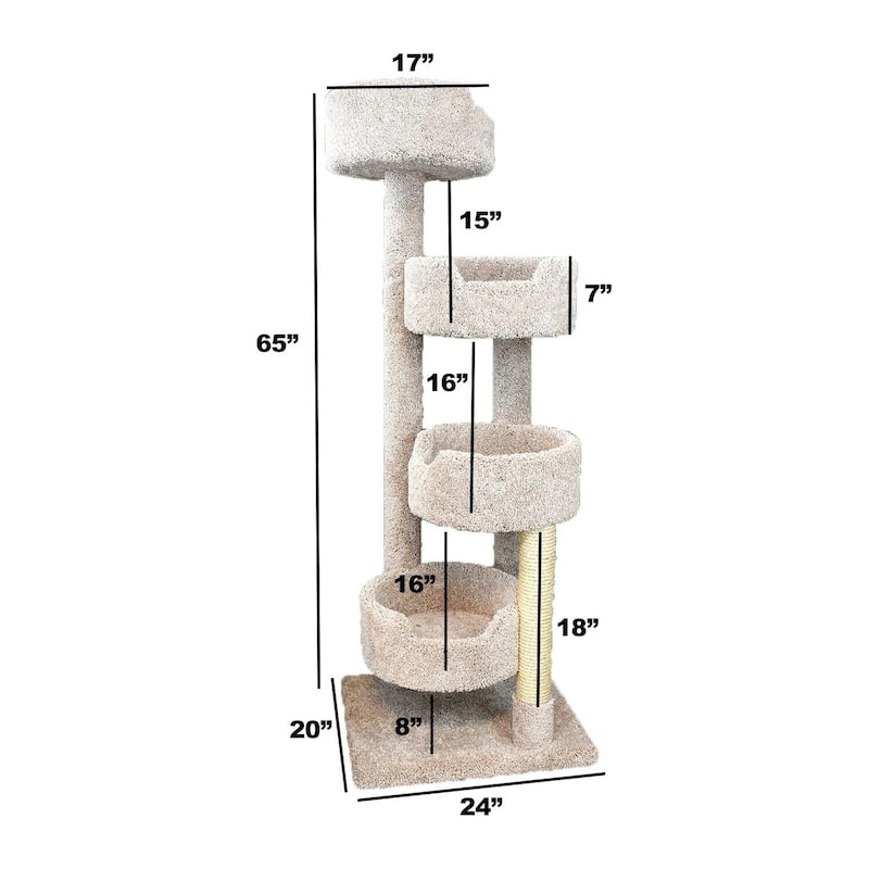 65" Tall Multi-Level Cat Stairway Tower with Four Spacious Perches and Sisal Rope Scratching Posts for Indoor Cats