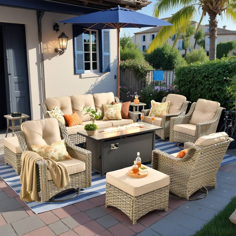 HOOOWOOO 10-piece Wicker Outdoor Patio High Back Swivel Chair Set with Fire Pit