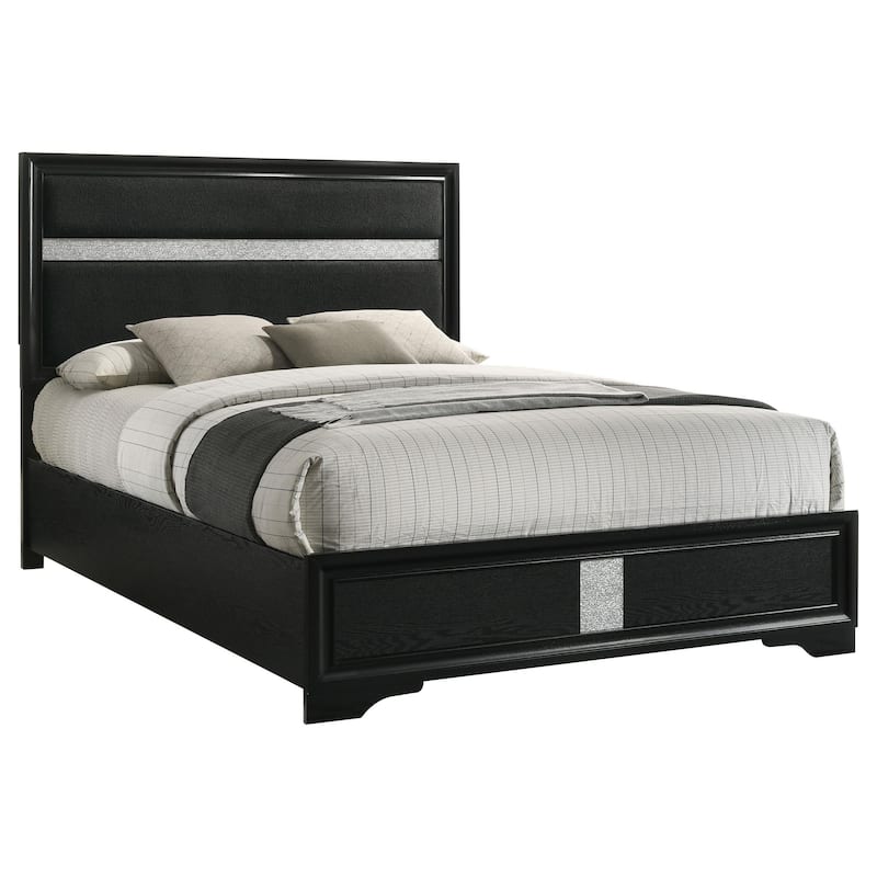 Vino Queen Size Bed, Panel Headboard, Black Upholstery, Glitter Stripe