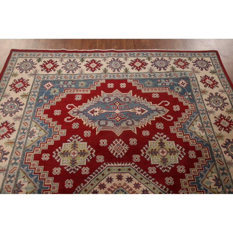 Red Kazak Area Rug Hand-Knotted Geometric Wool Carpet - 6'8" x 9'11"