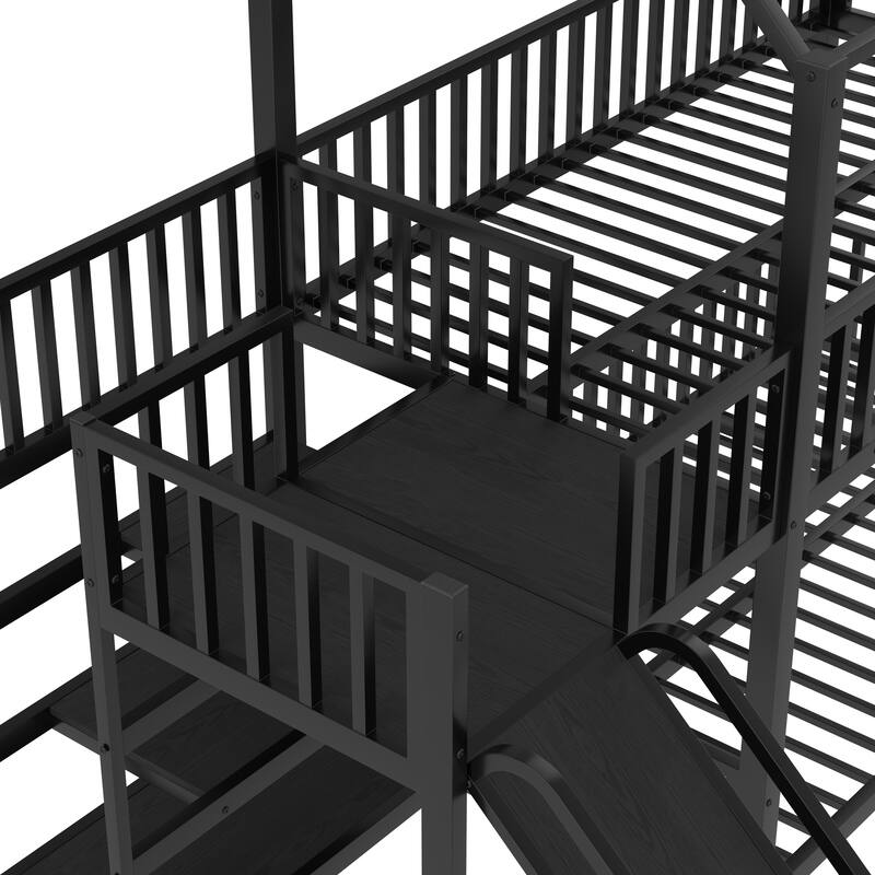 House Themed Bunk Bed with Storage Stairs, Slide and Safety Guardrails