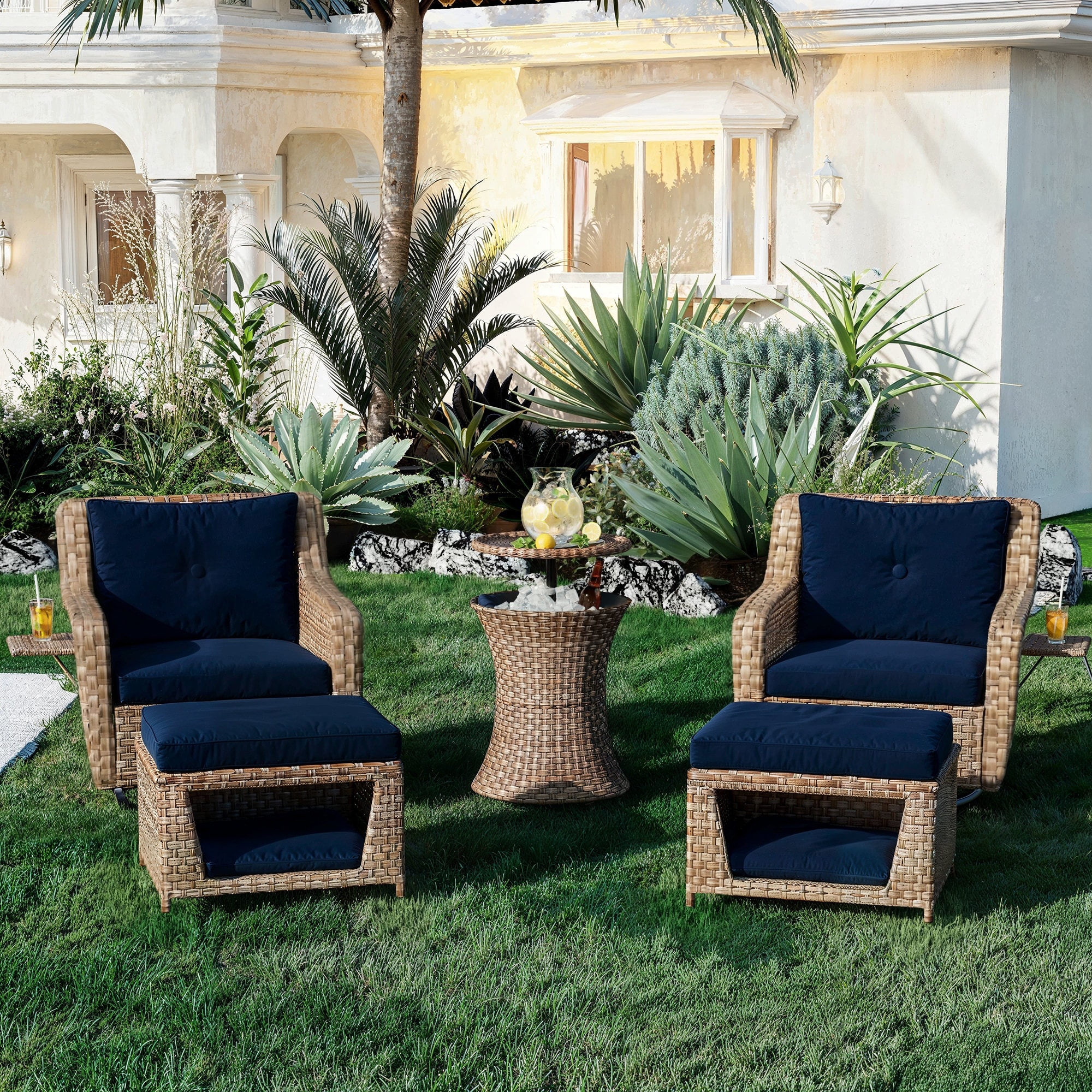 Outdoor Swivel Chair Set 5 Piece Navy Blue Rattan Wicker Patio Furniture with Cool Bar