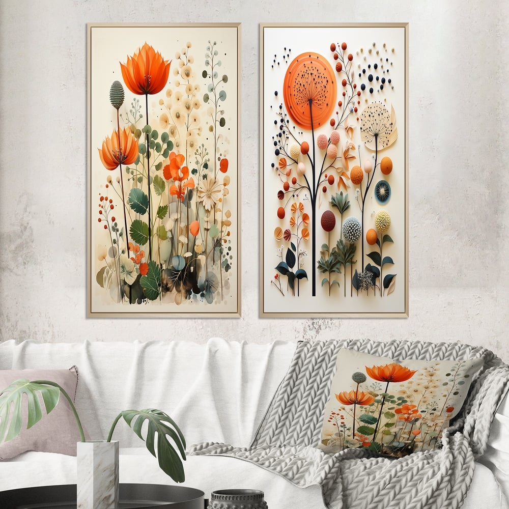 Designart "Colorful Botanical Pointillism" Abstract Botanicals Framed Wall Art Set Of 2 - Wall Set For Home Decor