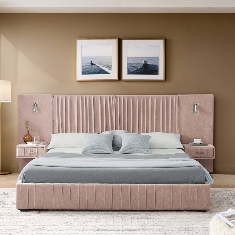 Roomfitters Queen Upholstered Chenille Platform Bed with Pleated Headboard and Built-In Bedside Tables, Solid Frame