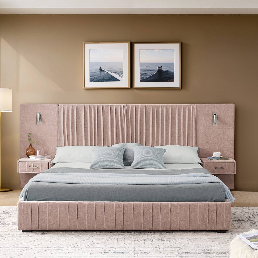 Rossetta Pleated Design Queen Size Upholstered Bed Frame with Headboard, No Box Spring Needed