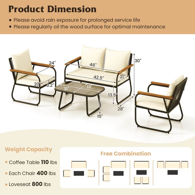 Costway 4/8 PCS Patio Furniture Set with Tempered Glass Coffee Table