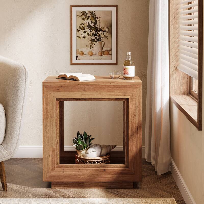 24" Rustic 2-Tier End Table, Side Table with Storage Shelf, Sofa Nightstand for Living Room, Bedroom, Entryway