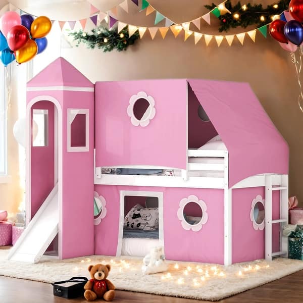 slide 2 of 29, Twin Size House Loft Bed with Slide Pink Tent and Tower,Kids Bed Design Pink