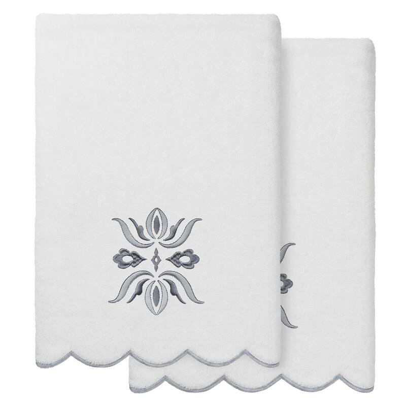 Authentic Hotel and Spa 100% Turkish Cotton FLOWER CREST Scallop Towel Collection - White/Grey - 2 Bath Towels