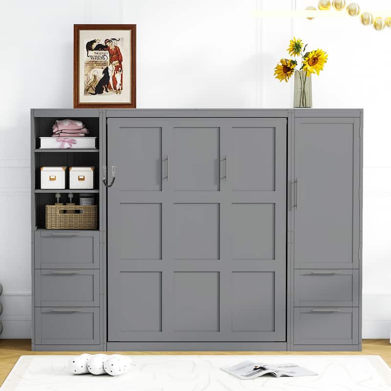 Queen Size Murphy Bed Hidden Bed with Wardrobe Drawers Shelves - Grey - Queen