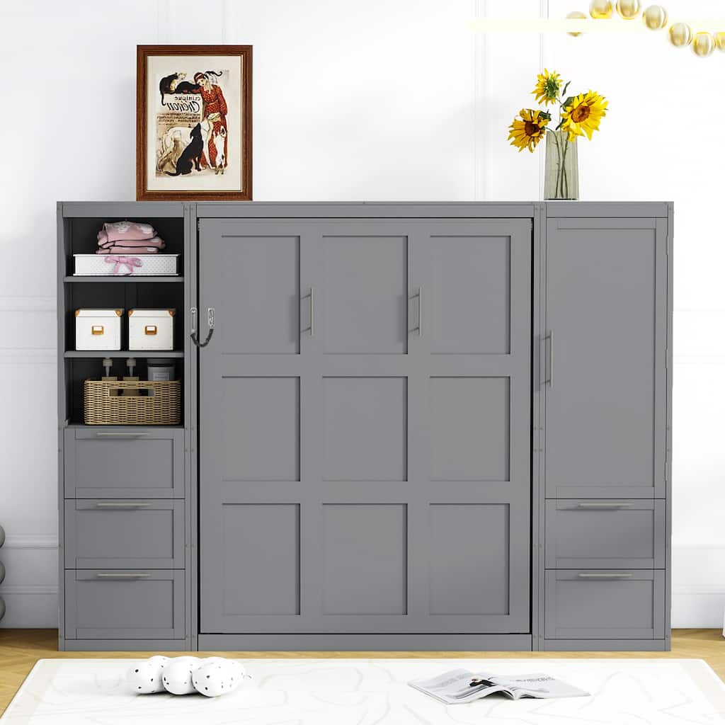 Queen Size Wall Murphy Bed Cabinet, Solid Wood Storage Murphy Cabinet Bed Frame with Drawers, Shelves and Wardrobe