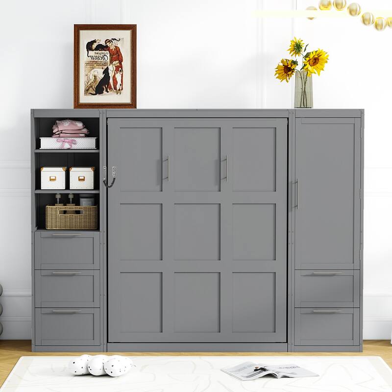 Roomfitters Queen Murphy Wall Bed with Wardrobe Closet and Storage Drawers MDF - Grey