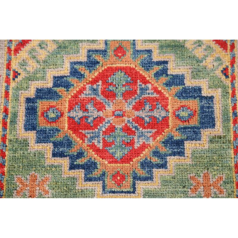 Green Geometric Kazak Accent Rug Hand-Knotted Wool Carpet - 2'0"x 2'11"