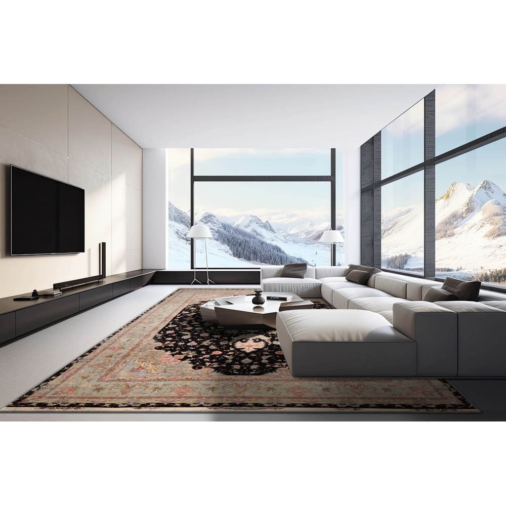 Hand Knotted Tabriz Black Persian Wool & Silk Traditional Area Rug - 11' 6'' x 16' 10''