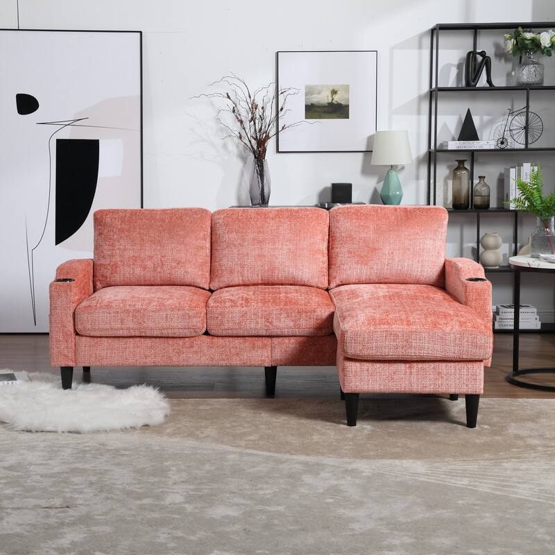 Modular Sectional Sofa with Storage Ottoman, Comfy Chenille Fabric Sofa, 3-Seater Sofa with Side Pockets & 2 Cup Holders