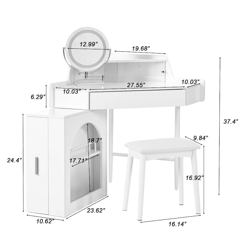 Corner Makeup Vanity with LED Mirror and Stool, Dressing Table with Storage Cabinet, Drawer and Adjustable Lights