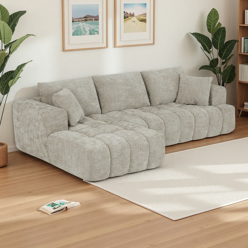 108.2" Chenille L-Shaped Sectional Sofa with Left Facing Chaise and No Assembly Required,Tufted Design - khaki