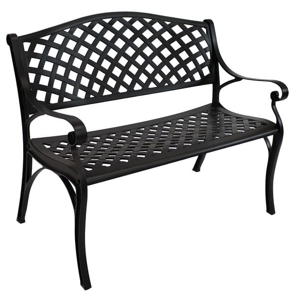 slide 2 of 12, Sunnydaze 2-Person Black Checkered Cast Aluminum Outdoor Patio Garden Bench