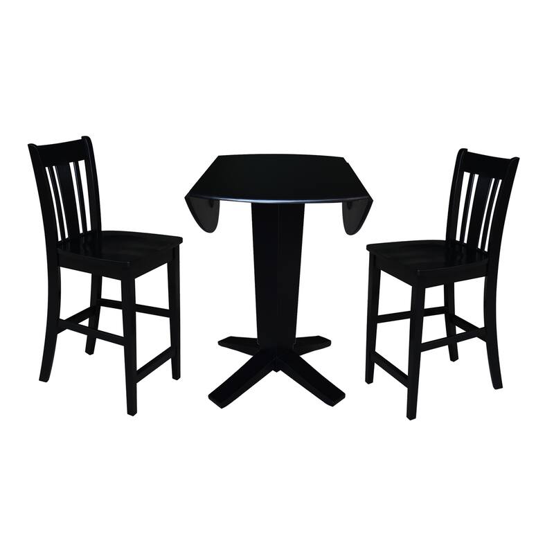 42 in Solid Wood Round Drop Leaf Counter Height Dining Table with Stools in Black