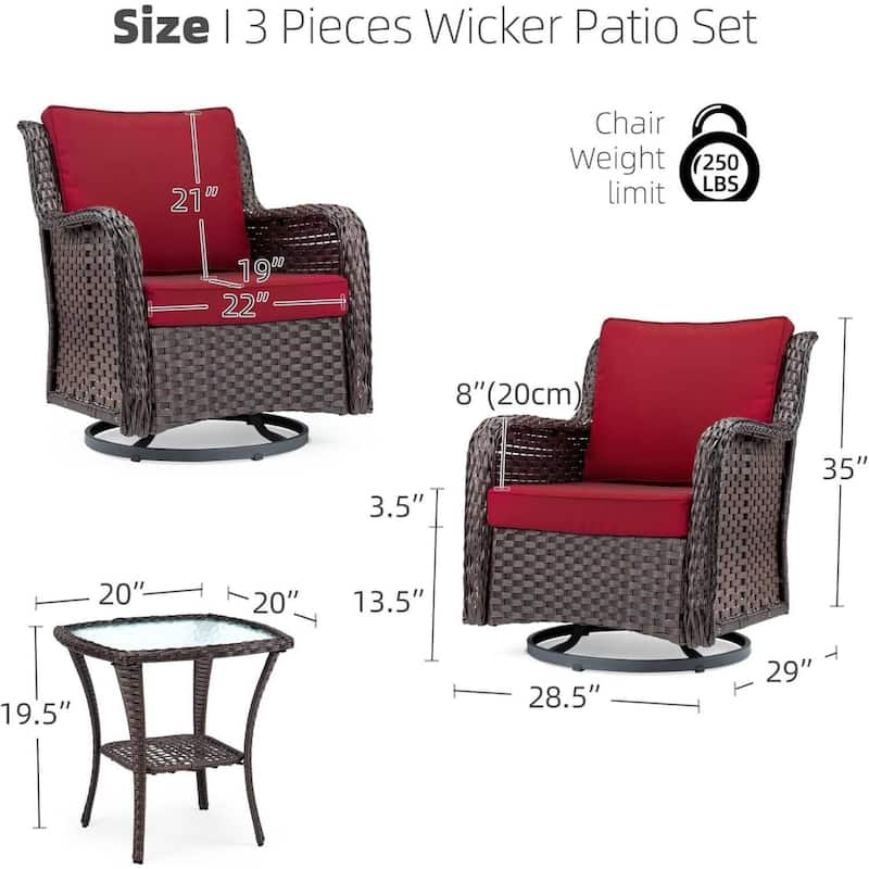 3 PCS Patio Rattan Swivel Rocking Chairs Set with Coffee Table for Backyard Garden Porch