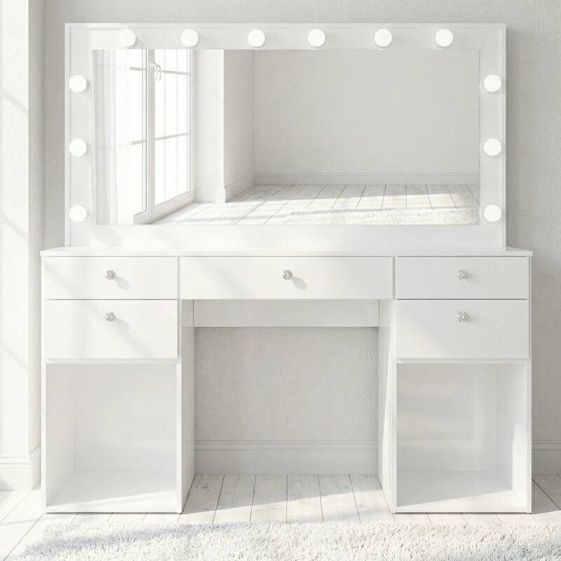 Hollywood Large Makeup Vanity Desk with 12 Light Bulbs; Modern Dressing Table with Multiple Storage Drawers & Crystal Knobs - White 2