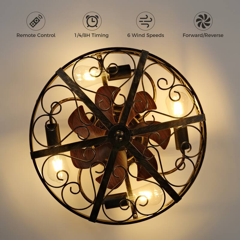 20 Inch Indoor White and Gold Low Profile Cage Ceiling Fan with Light - 20 Inches