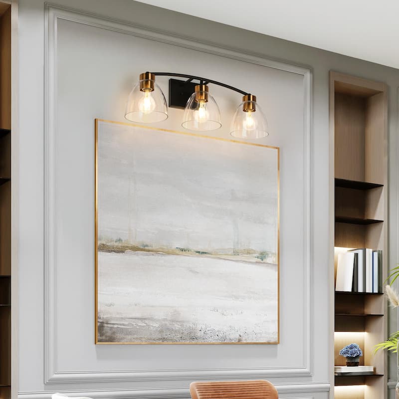 Modern Farmhouse 3-Light Bathroom Vanity Lights Black Gold Wall Sconces - D 22.8" x H 8.6"