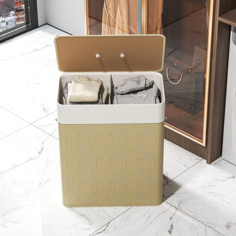 HOMCOM Double Laundry Basket with Lid, 26.4 Gallon Bamboo Laundry Hamper with Rope Handles, Clothes Hamper with Removable Liner