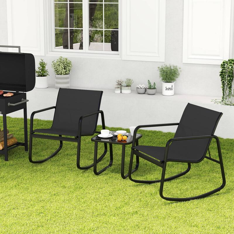 Costway 3 Piece Patio Rocking Set 2 Rocking Bistro Chairs & Glass-Top - See Details