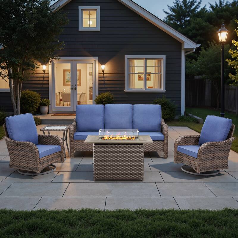 Pocassy Patio Sofa Swivel Chairs with Fire Table Funiture - Blue Cushion - Brown Wicker - 5-Piece Sofa Swivel Chair with Fire Table