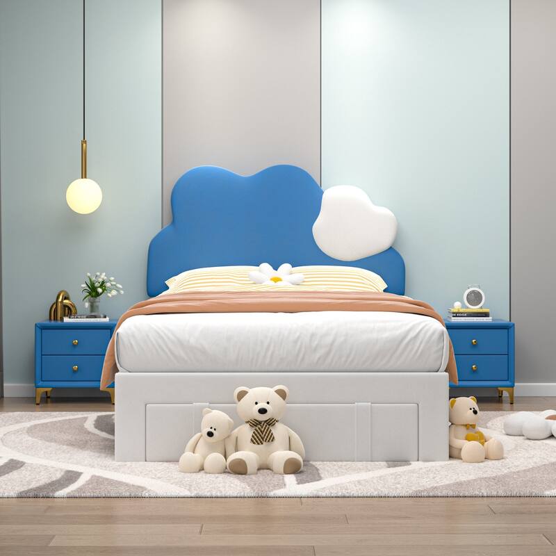 VECELO Twin Bed Upholstered Bed Frame with Storage Drawer, Platform Kids Bed Frames with Cloud-Shaped Headboard