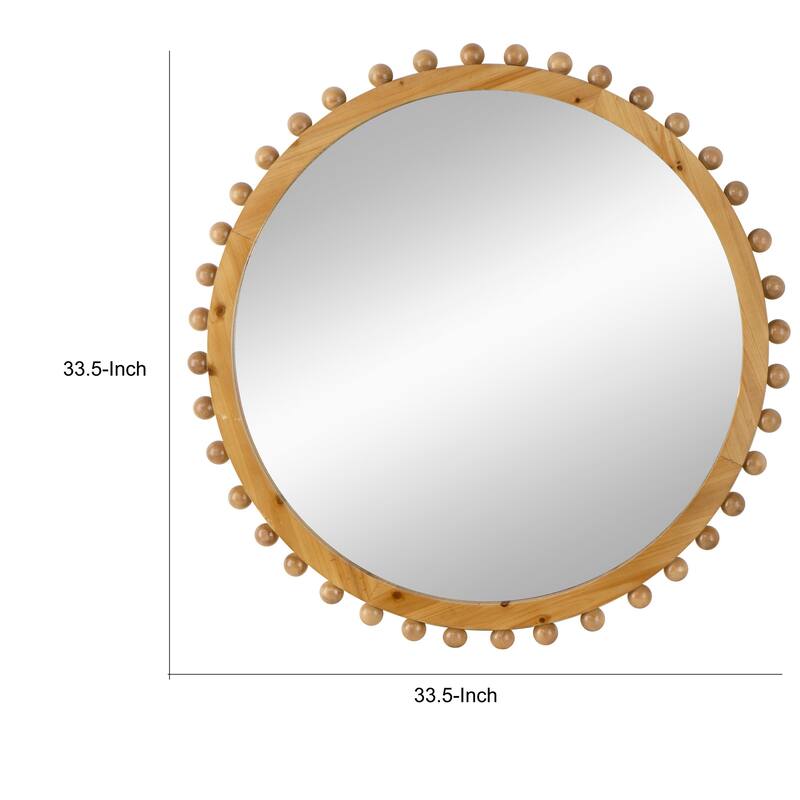 Emu 34 Inch Round Wall Mirror with Beaded Natural Brown Fir Wood Frame