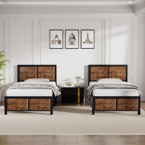 slide 2 of 25, VECELO Set of 2 Platform Twin Beds 12.6" Elevated Storage Space MDF Partitioned Headboard & Footboard No Box Spring Needed