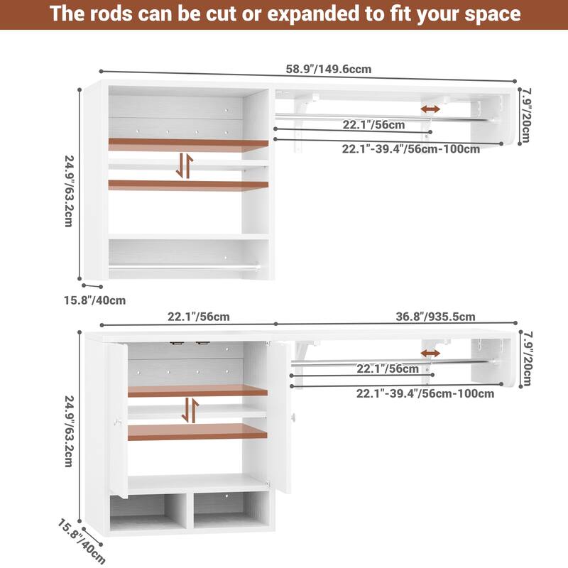 88.4'' - 117.8'' Closet System (Can Be Cut To Fit), Reversible Laundry Wall Cabinet with 3 Hanging Rods & Adjustable Shelves