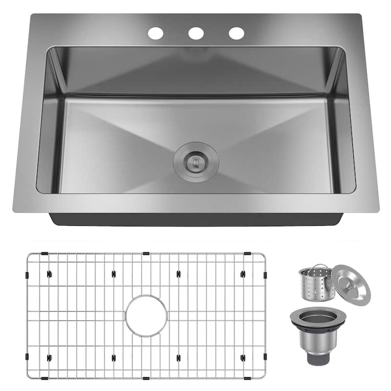 33 in. Drop-in Single Bowl 18 Gauge Brushed Stainless Steel Kitchen Sink with Bottom Grid and Basket Strainer, cUPC Certified - 3 Hole - Brushed Stainless Steel