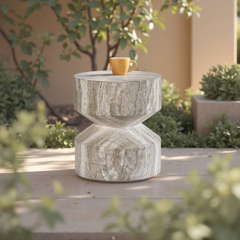 Grover Outdoor Faux Stone Hourglass Side Table