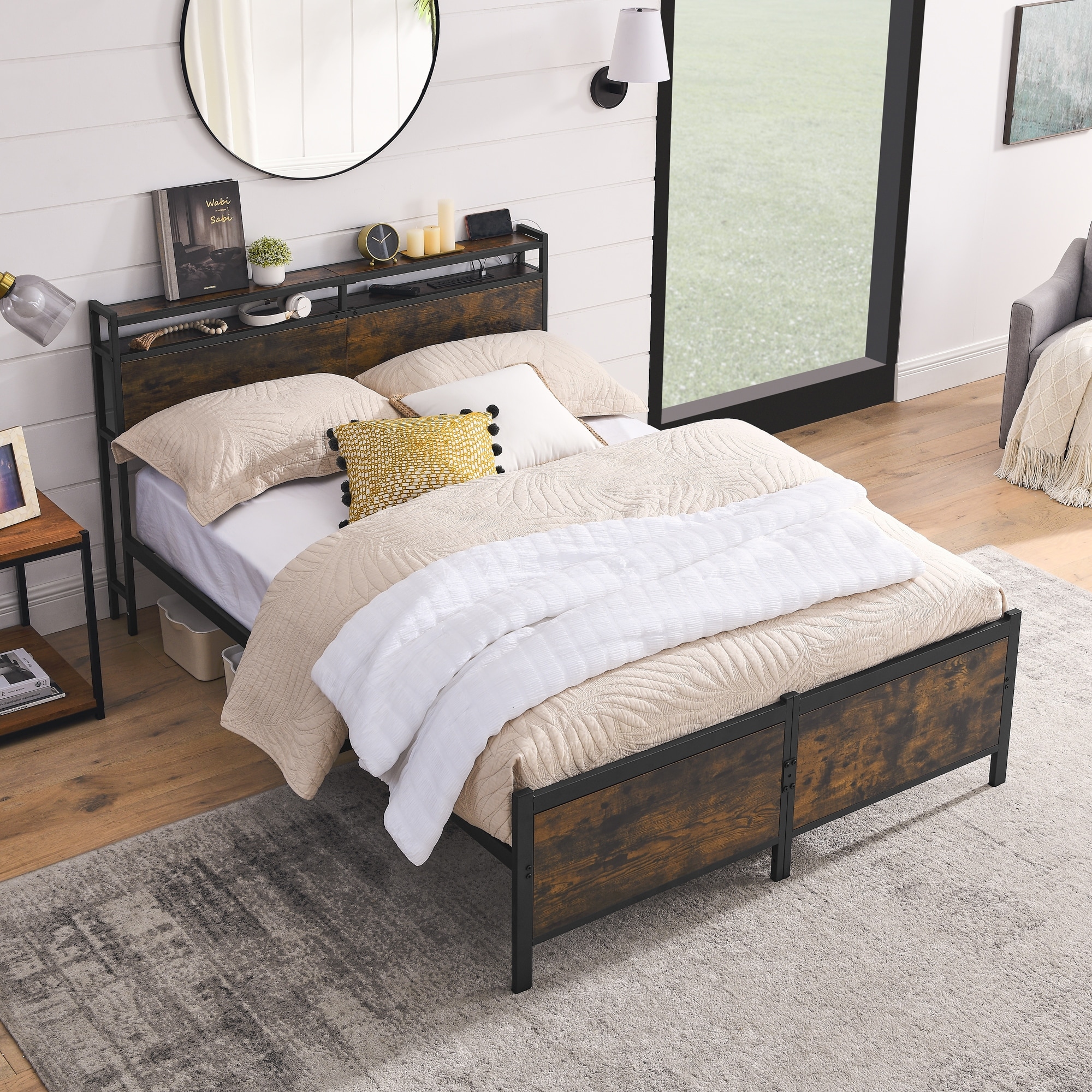 Square Tube Iron Bed Frame with Light Shelves Headboard Design and