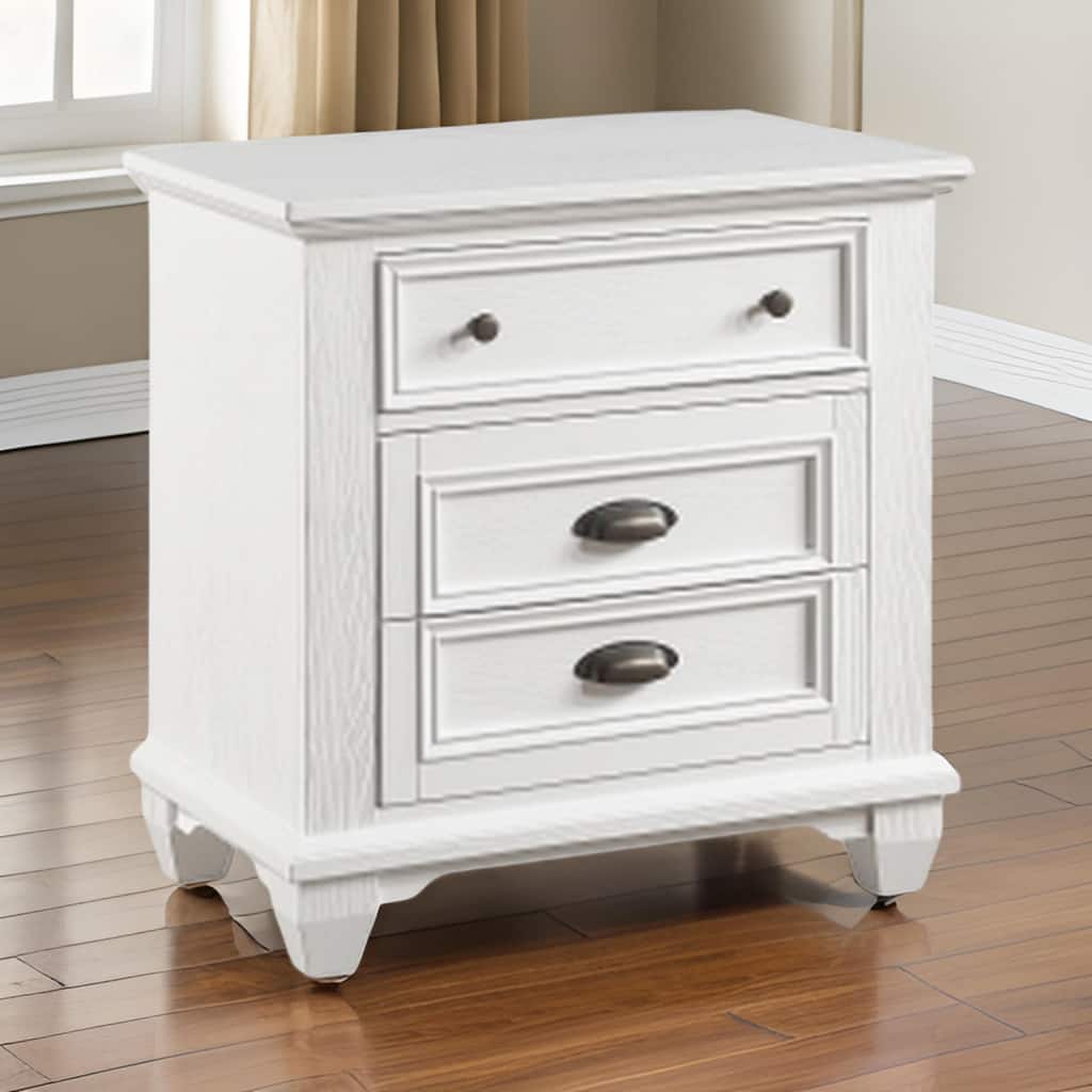 Lyni 30 Inch Nightstand with 3 Drawers, Farmhouse White Acacia Wood
