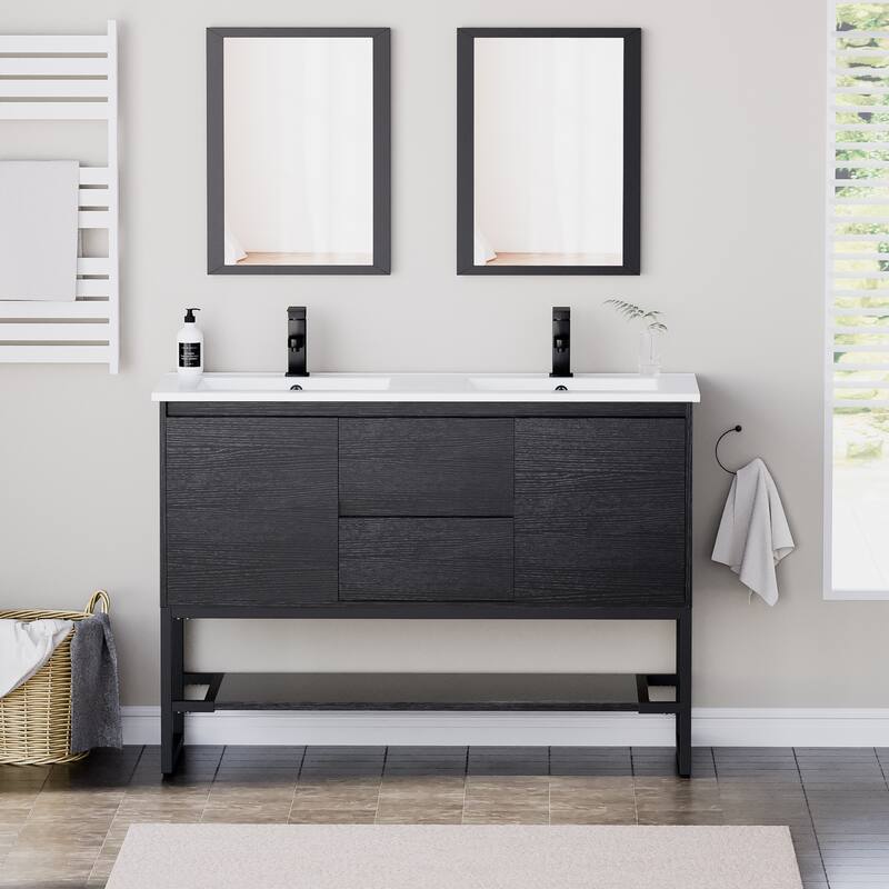 Bathroom Vanity Set Under-mount Ceramic Sink Combo Free Standing - 48 in - Black