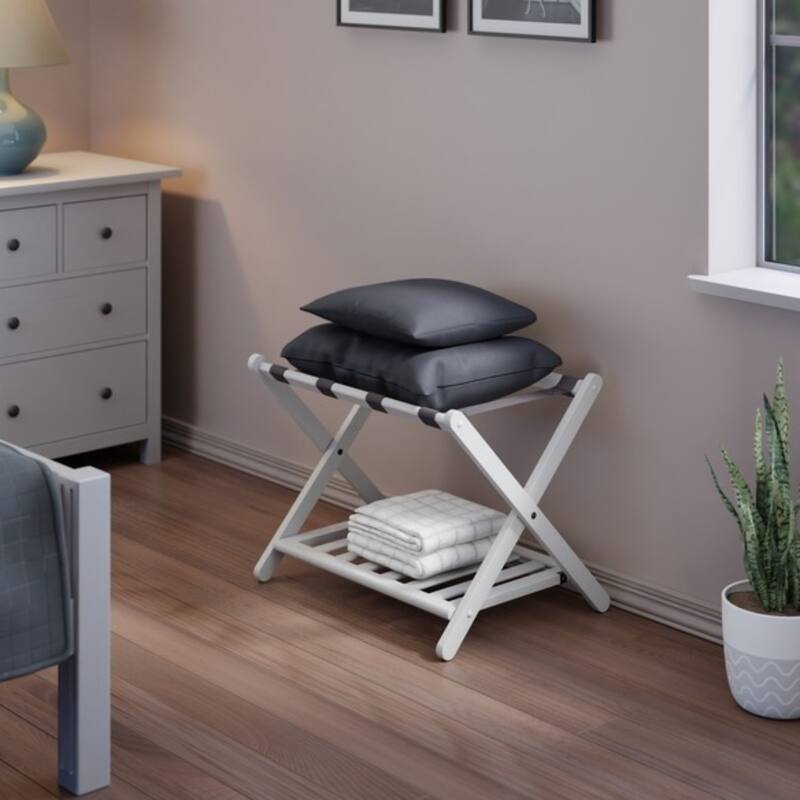 2-Tier Folding Luggage Rack with Shelf - 26.5" - White