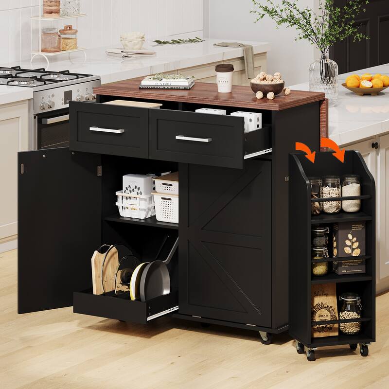 Farmhouse Kitchen Island with Extendable Leaf, Storage Drawers, Detachable Racks & Towel Holder - Black