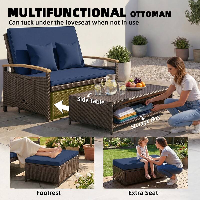 Outsunny Rattan Outdoor Daybed w/4-Level Adjustable Backrest, Patio Sofa Bed w/Loveseat, Storage Ottoman, Acacia Wood Armrest