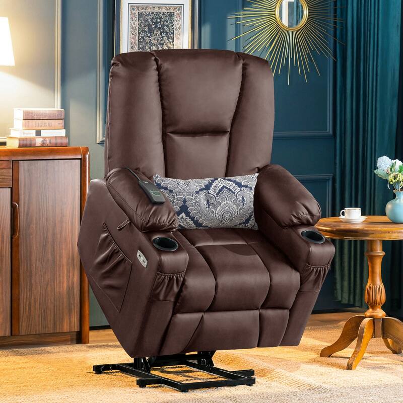 MCombo Electric Power Lift Recliner Chair with Extended Footrest, Cup Holders, Faux Leather 7507