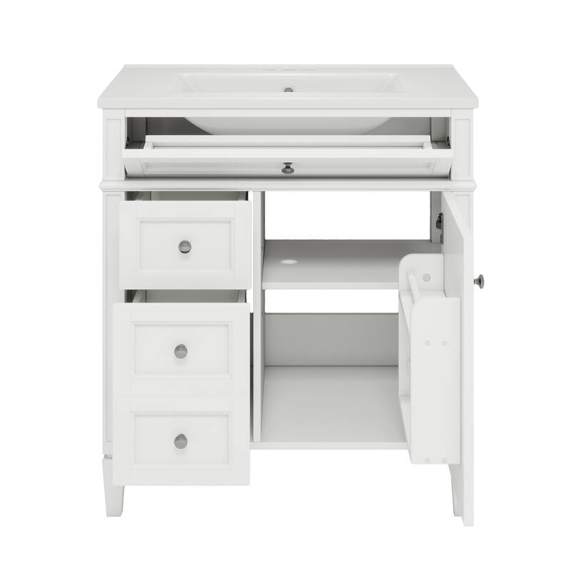Bathroom Vanity Cabinet with Door Rack, Drawers of Different Sizes, Metal Textured Knobs, Roman Leg Design and Adjustable Shelf