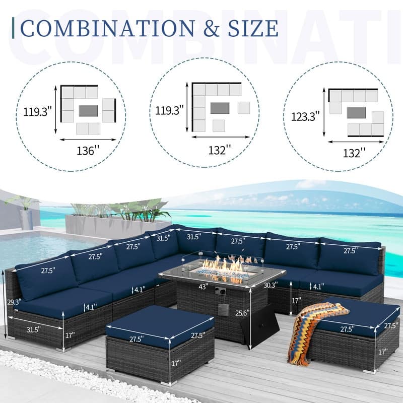 FINCATI 10-piece High Back Oversized Patio Furniture Conversation Set Outdoor Sectional Sofa with Fire Pit Table