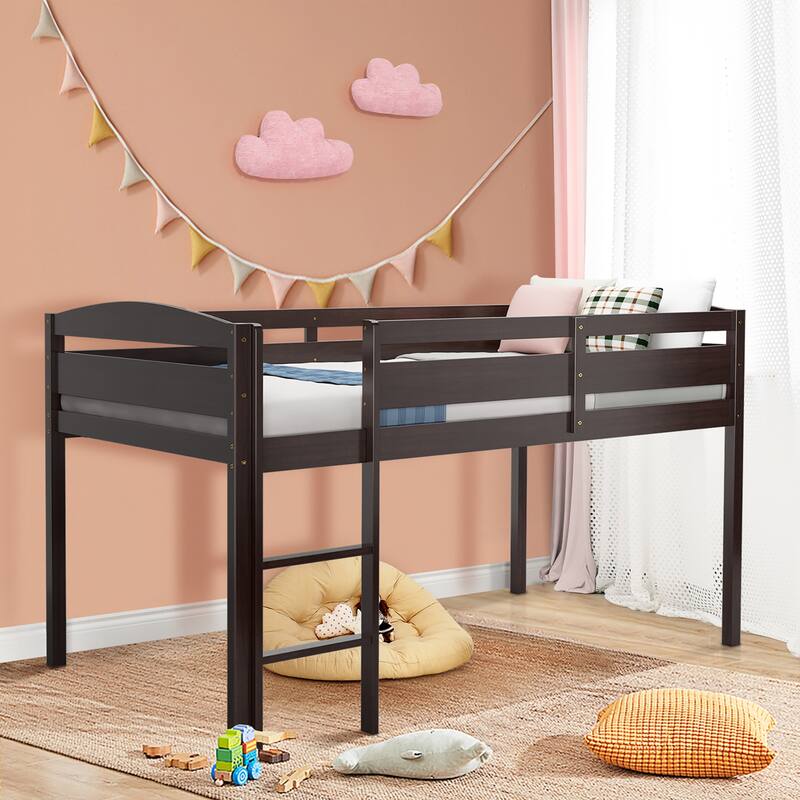 Gymax Twin Size Loft Bed Wooden Slats Support Loft Bed Frame w/ Ladder - Brown